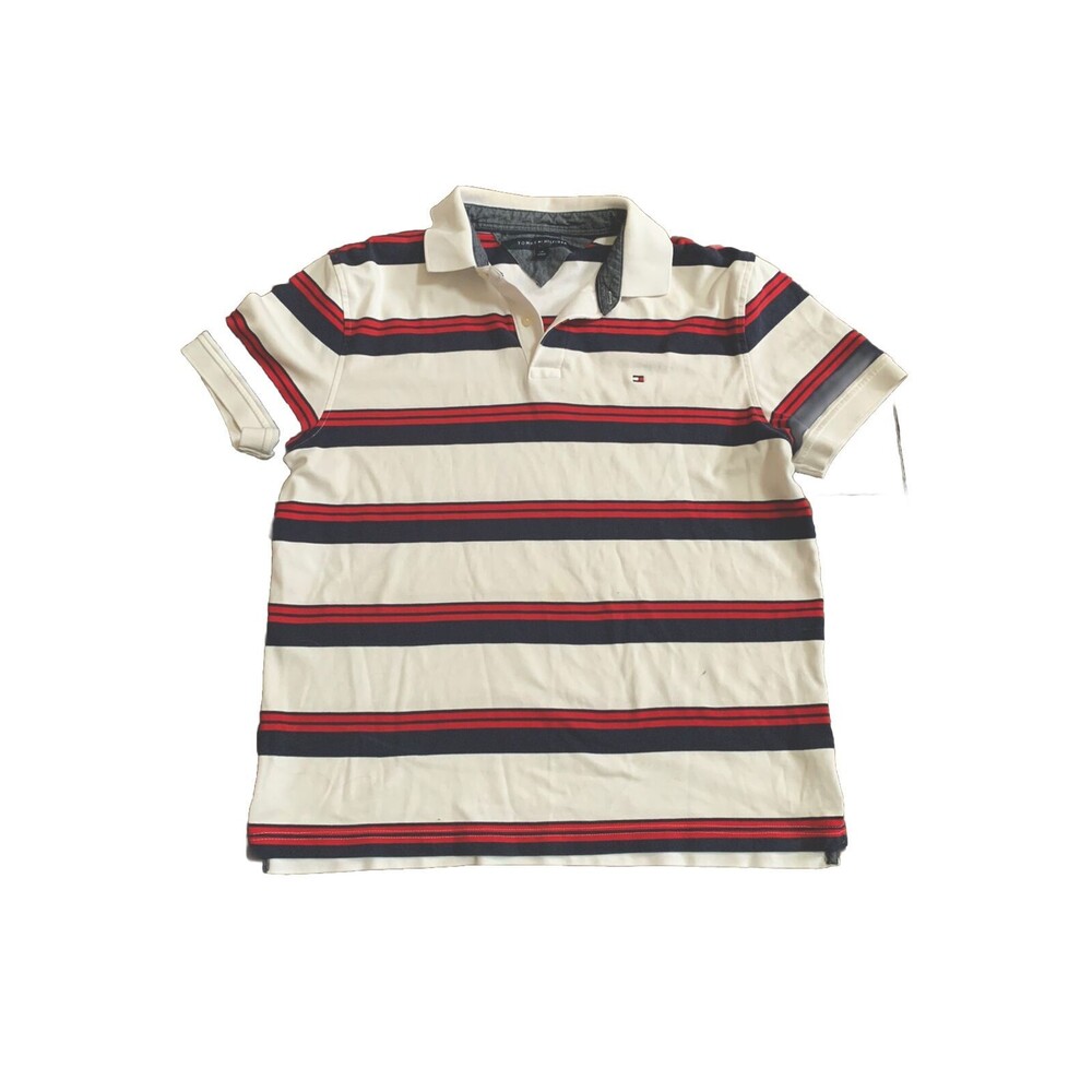 Tommy Hilfiger Polo Shirt Size Large White Red Short Sleeve Ringer Adult Mens